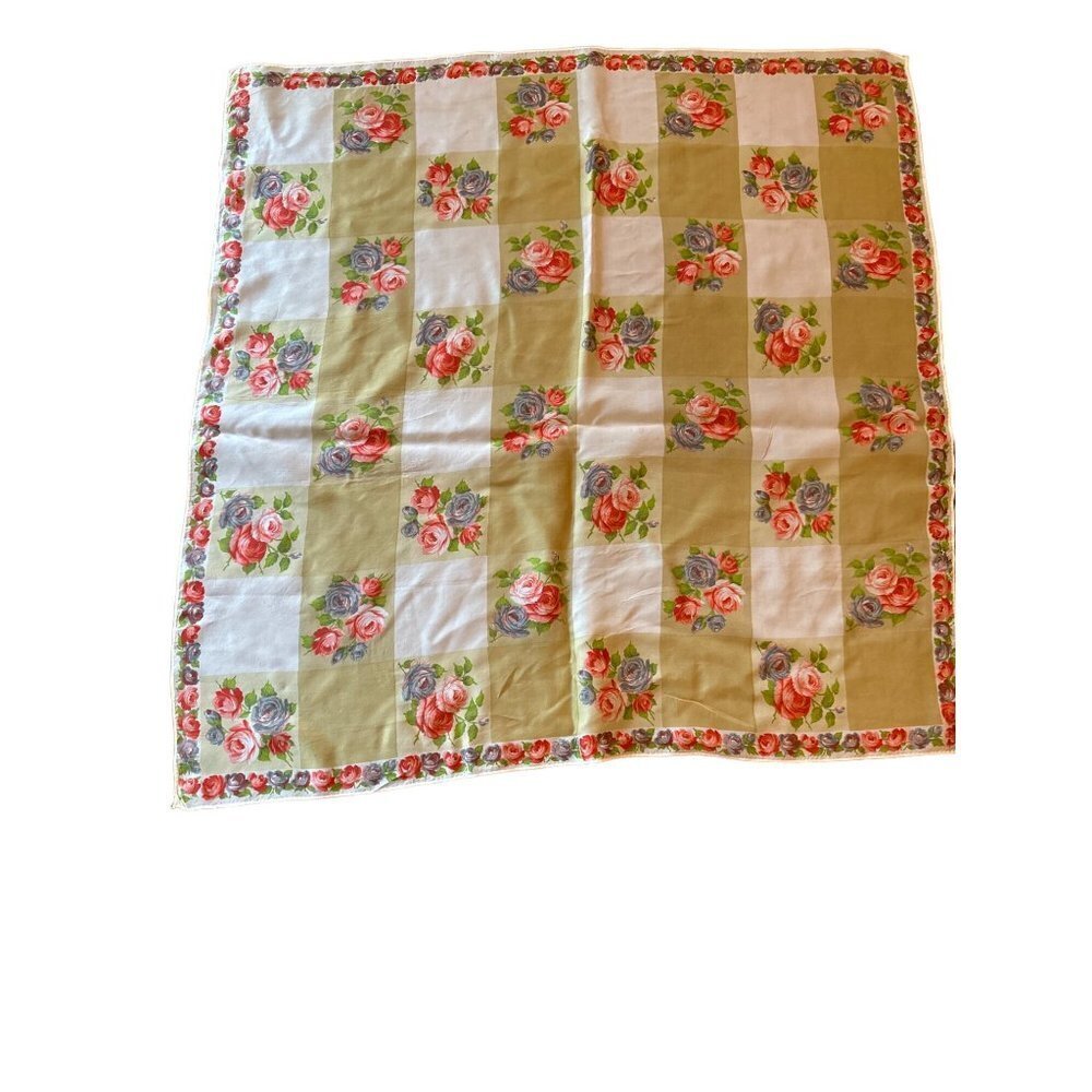 Vintage 1960s Rose Check Tan Red Scarf